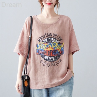 Retro letter printed cotton and linen short-sleeved top womens large size loose round neck all-match casual T-shirt for women