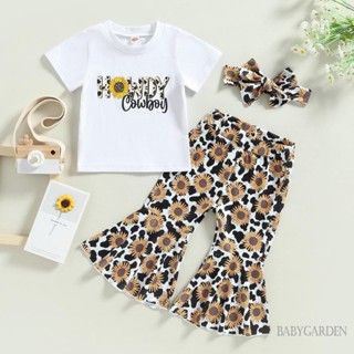 Babygarden- ชุดลําลอง เด็กผู้หญิง, เสื้อคอกลม แขนสั้น ลายดอกไม้ + กางเกงกระดิ่ง + ที่คาดผม