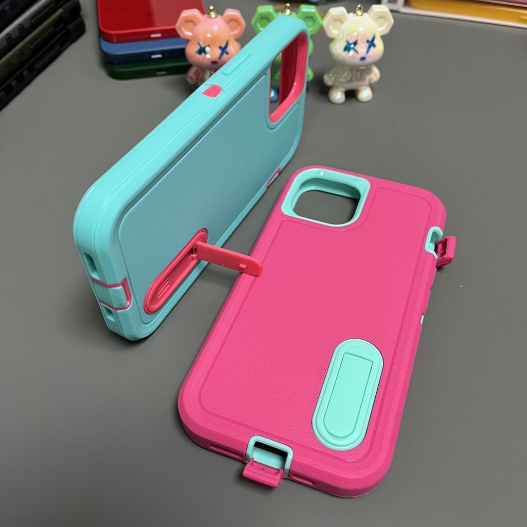 3 In 1 เคสยางใส แบบหนา กันฝุ่น กันกระแทก พร้อมขาตั้ง กันลื่น สําหรับ Iphone 15 14 13 12 11 Pro Max 7 8 Plus X Xr Xsmax 6 6s