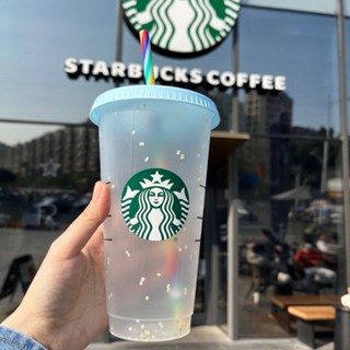 [พร้อมส่ง] Starbucks แก้วน้ําเย็น ลายเกล็ดหิมะ สีรุ้ง เปลี่ยนสีได้ ใช้ซ้ําได้ ของขวัญวันเกิด วันวาเลนไทน์