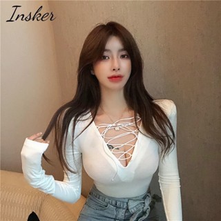 Insker- เสื้อยืดแขนยาว คอวี ผูกเชือก เซ็กซี่ แฟชั่นฤดูใบไม้ผลิ สําหรับผู้หญิง