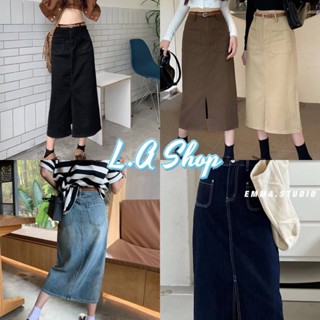 L.A Shop พร้อมส่ง กางกระโปรงยีนส์ เอวสูง(แถมเข็มขัด) กระโปรงยาว ทรงเท่กระเป๋าหน้าเก๋ "008" -NZ