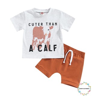 Babyclothes- เสื้อผ้าเด็กวัยหัดเดิน ฤดูร้อน พิมพ์ลายวัว ตัวอักษร แขนสั้น เสื้อยืด และกางเกงขาสั้น ลําลอง ยืดหยุ่น สําหรับเด็กผู้ชาย และเด็กผู้หญิง