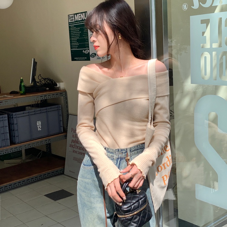 Suxi เสื้อแขนยาว เปิดไหล่ข้างเดียว ผ้าถัก สีพื้น เรียบง่าย แฟชั่นฤดูใบไม้ผลิ - รูปที่ 5