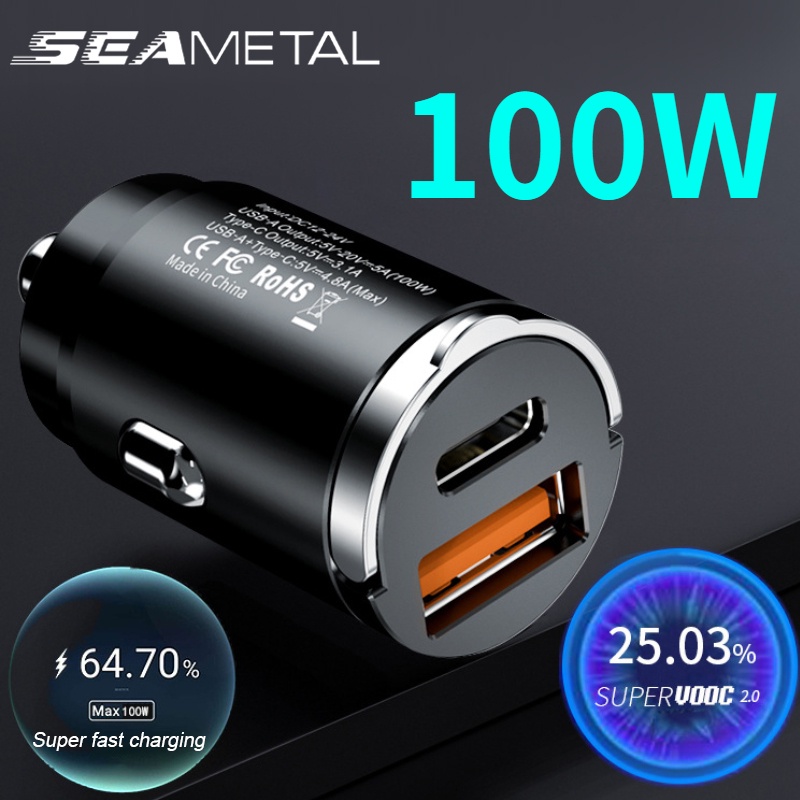 Seametal ที่ชาร์จในรถยนต์ USB Type-C พอร์ตคู่  12-24V 100W ขนาดเล็กชาร์จเร็ว สํา