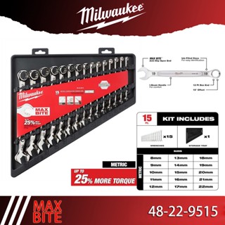 Milwaukee 48-22-9515 ชุดประแจแหวน 15 ชิ้น เบอร์ 8-22 มิล 15pc Combination Wrench Set - Metric