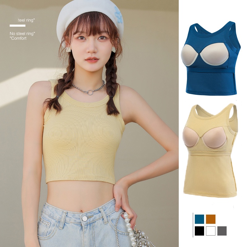 เสื้อครอปท็อป คอกลม เสริมฟองน้ํา พรีเมี่ยม สําหรับผู้หญิง