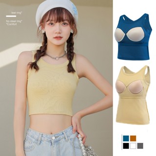 เสื้อครอปท็อป คอกลม เสริมฟองน้ํา พรีเมี่ยม สําหรับผู้หญิง