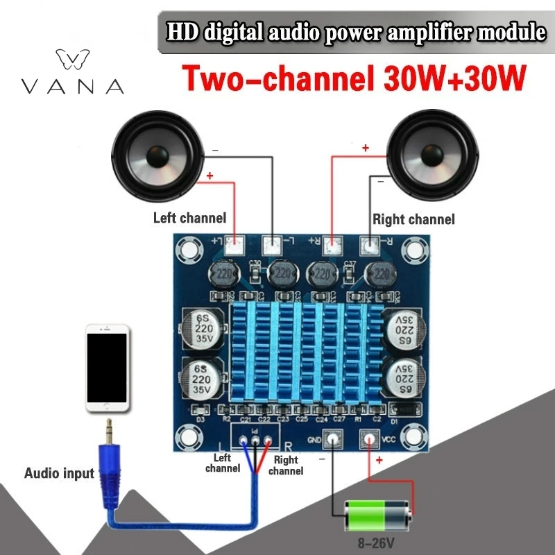 โมดูลขยายเสียง TPA3110 XH-A232 30W+30W 2.0 Channel Stereo Audio Digital Sound Power Amplifier