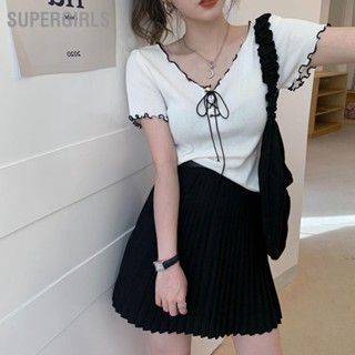 เสื้อยืดเข้ารูปพอดีตัวคอวีตัดขอบแขนสั้นสไตล์สบายหวานฤดูร้อนด้านบน SUPERGIRLS~