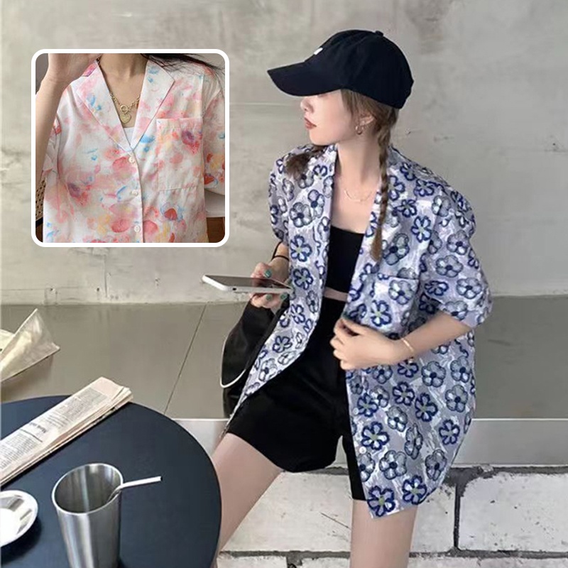 เสื้อฮาวายลายดอกไม้  เสื้อเที่ยวทะเล  เนื้อผ้าใส่สบาย  เสื้อเชิ้ตหญิง สไตล์ดอกไม้หญิง เสื้อ สงกรานต์ ผู้หญิง