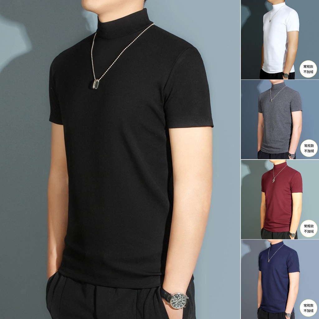 [ส่งไวจากไทย] Men's Solid Color Turtle Neck Short Sleeve T-shirt M-5XL