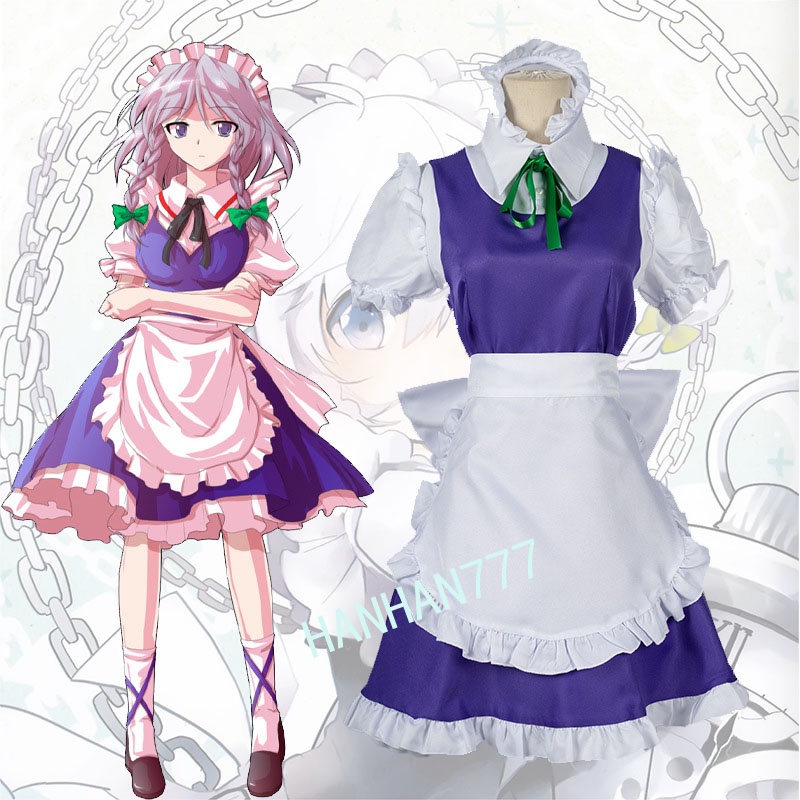 อะนิเมะ TouHou โครงการ Izayoi Sakuya คอสเพลย์เครื่องแต่งกายผ้ากันเปื้อนชุดแม่บ้านชุดฮาโลวีน