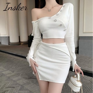 Insker- ชุดเสื้อแขนสั้น กระโปรง สะโพก สองชิ้น สีขาว สไตล์ปรารถนา สําหรับผู้หญิง