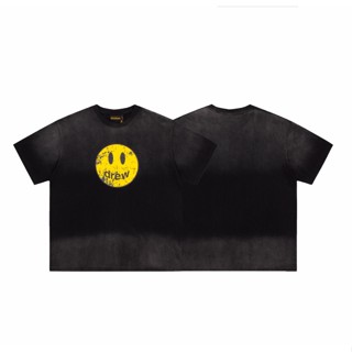 Plus size High Street Drew House Washed Distressed Faded Cartoon Smiley Print Casual Short Sleeve Crewneck T-Shirt_01