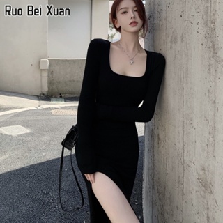 RUO BEI XUAN Woชุดเดรสสตรี 2023 ใหม่เอวบางเซ็กซี่กรีดกระเป๋าชุดสะโพก