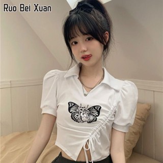 RUO BEI XUAN เสื้อเบลาส์สตรี 2023 ใหม่ เสื้อครอปแฟชั่นเกาหลี