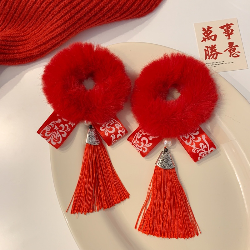 ยางรัดผม แบบยืดหยุ่น ประดับพู่ ขนาดใหญ่ สีแดง สไตล์จีน สําหรับเด็กผู้หญิง จํานวน 2 ชิ้น - รูปที่ 3