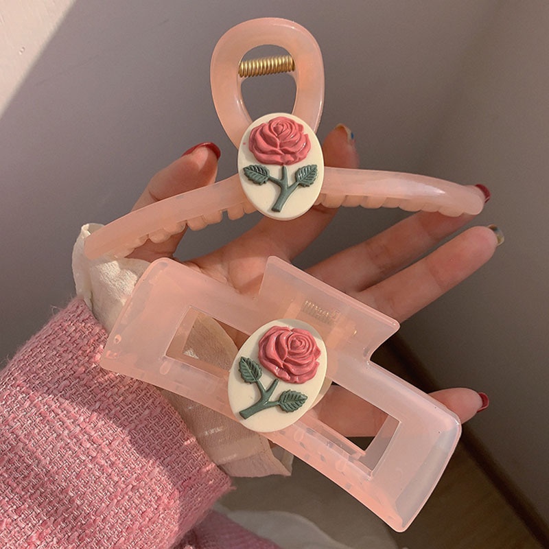 Jelly Pink French Rose Grab Clip~Retro French Gentle Large Shark Clip Spring Summer
