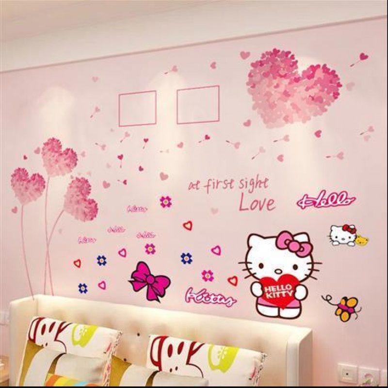 HelloKitty Princess Childrens Room สติ๊กเกอร์การ์ตูนสติ๊กเกอร์ห้องนอนข้างเตียงพื้นหลังตกแต่ง Self-Adhesive สติ๊กเกอร์ติดผนังไม่มีรอยต่อกระดาษ