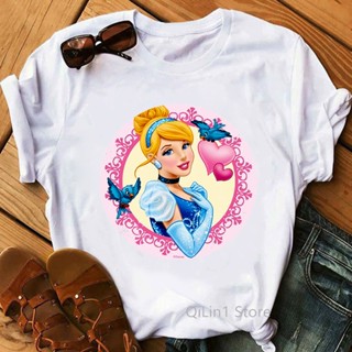 Snow White Mermaid Belle Princess Cartoon Print Tshirt Woman Clothes Summer Top Female T-shirt White T Shirt Casual_03