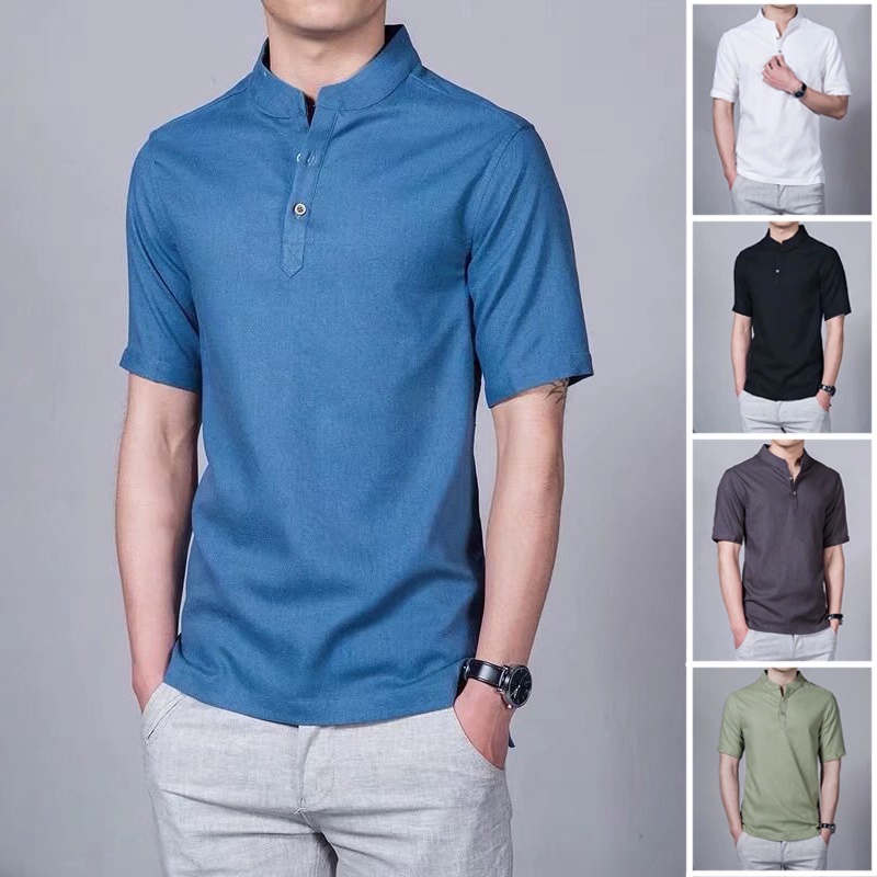 เสื้อโปโลแขนสั้นลําลอง ผ้าฝ้าย และผ้าลินิน ทรงหลวม มี 5 สี สําหรับผู้ชาย