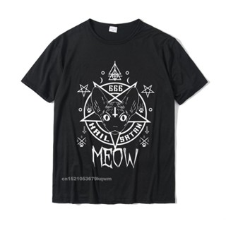 [S-5XL] เสื้อยืดผ้าฝ้าย พิมพ์ลายแมวตลก Hail Satan Meow Demonic Sphynx Cat 666 สําหรับผู้ชาย_01