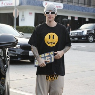 Drew Smiley House เสื้อยืดลําลองแฟชั่นสําหรับผู้ชายผ้าฝ้ายแขนสั้นสีพื้นสีพื้น_01