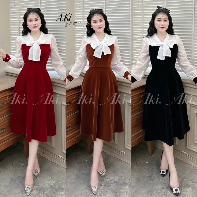 ชุดเดรสแฟชั่นผู้หญิงใส่ออกไปข้างนอกผ้ากํามะหยี่ทึบคอวีผูกโบว์แขนยาวสีขาวมี3เข่า