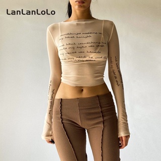 Lanlanlolo เสื้อถัก คอกลม แขนยาว พิมพ์ลาย ทรงสลิมฟิต แฟชั่นสําหรับผู้หญิง 2023