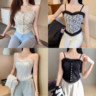 Jinพร้อมส่ง*เสื้อสายเดี่ยว เสื้อสายเดี่ยวลูกไม้ เสื้อผ้าสไตล์เกาหลี สายเดี่ยว ลูกไม้ สม็อคหลังกระดุมมุกมีฟองน้ำเสริม