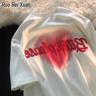 RUO BEI XUAN แขนสั้นผู้หญิง 2023 ใหม่สไตล์เกาหลีแฟชั่นย้อนยุคหลวมพิมพ์เสื้อยืด