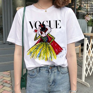 Womens VOGUE Snow White Alphabet Print White Round Neck T-shirt Women_03