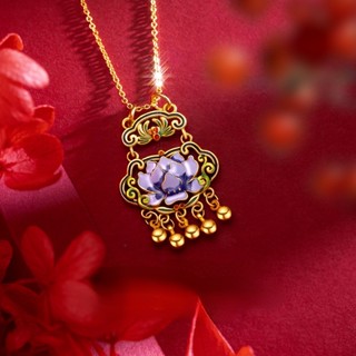 Ga พร้อมส่ง สร้อยคอ จี้แหวนคู่ รูปดอกบัว 24K สีฟ้า สไตล์เรโทร เครื่องประดับแฟชั่น สําหรับผู้หญิง