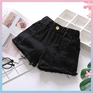 Girls summer denim shorts outer pants black white holes new childrens Korean thin medium and large childrens Cotton