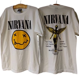 xRMg NIRVANA SMILEY เสื้อวง เสื้อทัวร์ ป้าย giant made in USA.   มืด     Iron  _03