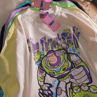 เสื้อยืดแขนสั้น พิมพ์ลายการ์ตูนดิสนีย์ Toy Story แฟชั่นฤดูร้อน สไตล์อเมริกัน สําหรับผู้หญิง และผู้ชาย 2023