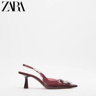 Zara สินค้าใหม่ รองเท้าส้นสูง ส้นเข็ม หัวแหลม ประดับพลอยเทียม ใส สีแดง แฟชั่นฤดูใบไม้ร่วง สําหรับผู้หญิง 2022