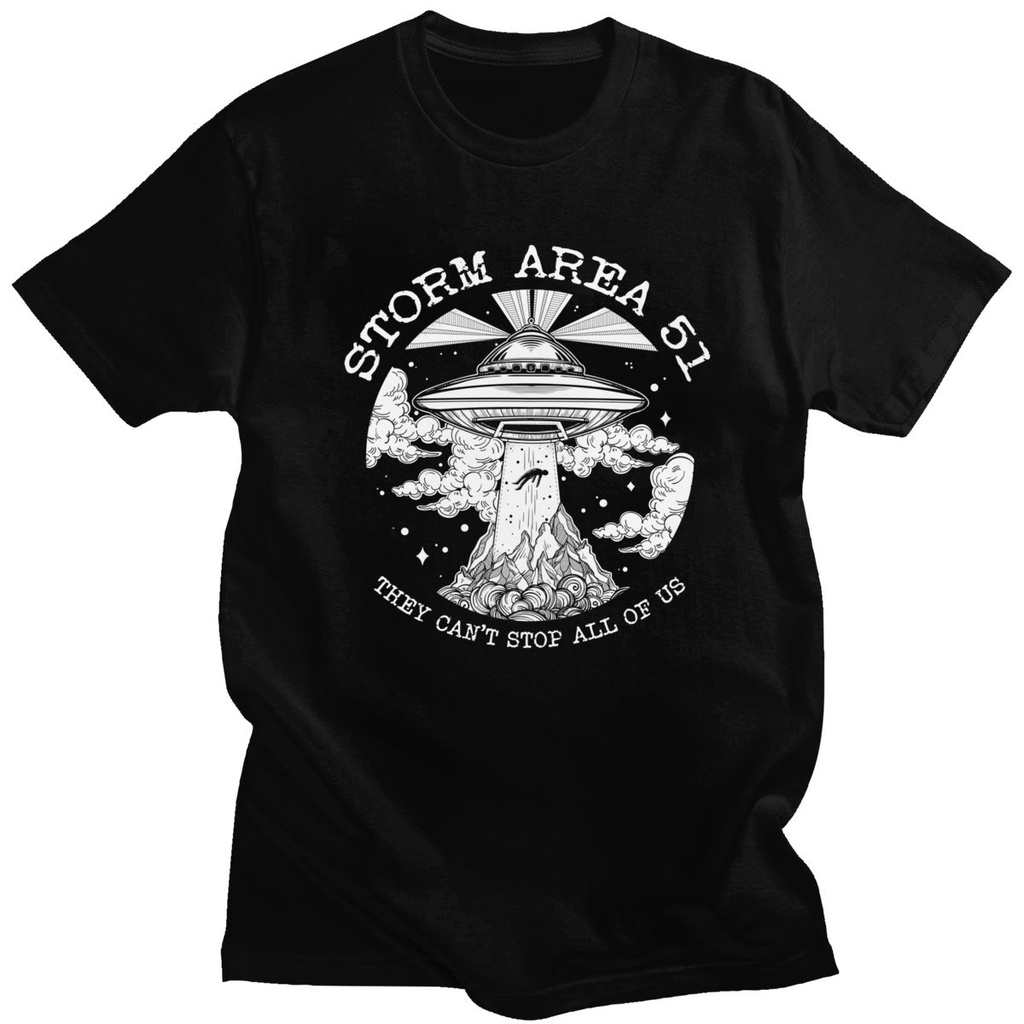 เสื้อยืดแขนสั้น ผ้าฝ้าย 100% พิมพ์ลายเอเลี่ยน UFO Space Ship Sci-fi Storm Area 51 All