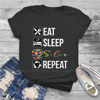 Eat Sleep Solve Repeat Women Clothing Magic Cube Graphic Female Tshirts Vintage Graphic Loose Tee Ka_02