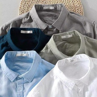 เสื้อเชิ๊ตผู้ชายแขนยาว  สีพื้นเสื้อเชิ้ตทำงานมีกระดุม เนื้อผ้า cotton linen เสื้อเชิ้ตสีพื้น Long-Sleeve Mandarin Collar Shirt ผ้านิ่มนุ่ม เบา ใส่สบาย ไม่ต้องรีด