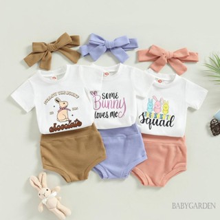 Babygarden- ชุดรอมเปอร์ แขนสั้น พิมพ์ลายกระต่าย + กางเกงขาสั้น เอวยางยืด + ที่คาดผม สําหรับเด็กผู้หญิง