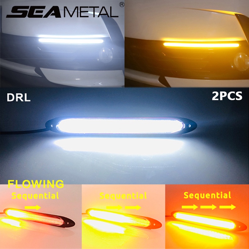 SEAMETAL 2Pcs ไฟ led แบบเส้น ไฟเลี้ยว LED รถยนต์ ไฟวิ่งกลางวัน ลำแสง RGB แถบไฟสแกนสีเหลืองและสีขาว ไฟวิ่ง DRL กันน้ำสากล