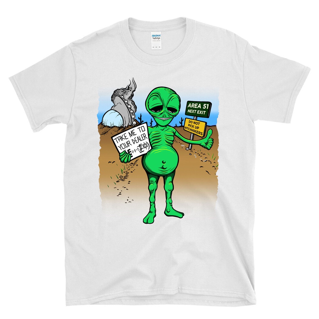 เสื้อยืด พิมพ์ลาย Take Me To Your Dealer Stoner Alien Ufo Area 51 Roswell Crash 420 สําหรับผู้ชาย_03