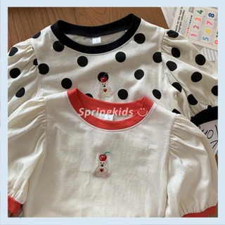 Korean childrens clothing cute polka dot fresh top Korean exquisite embroidered bear girls T-shirt