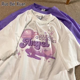 RUO BEI XUAN เสื้อยืดสตรีแฟชั่นเกาหลีพิมพ์ลายแขนสั้นด้านบน