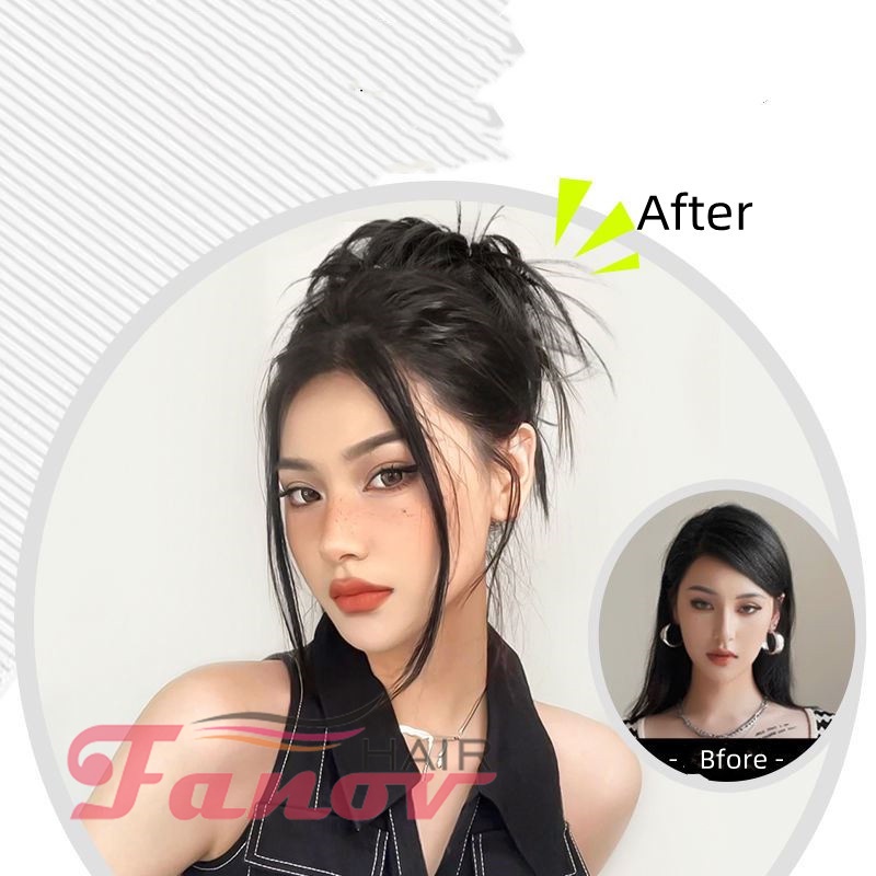 Fanov- ยางรัดผมสังเคราะห์ ผมหยิกยุ่ง ยืดหยุ่น สครันชี่ ปลอม สําหรับผู้หญิง กิ๊บสีน้ําตาลดํา แฮร์พีซ วิกผมสังเคราะห์ แบบธรรมชาติ สำหรับผู้หญิง