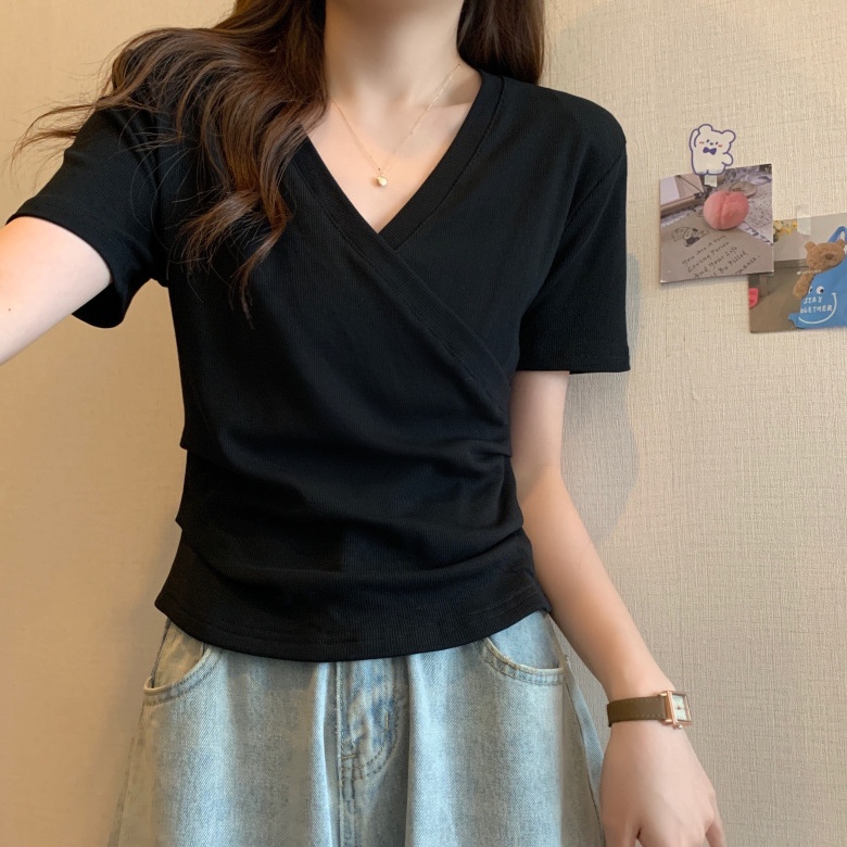 【WJZ】เสื้อยืดแขนสั้นสีดำเรียบหรูสไตล์เกาหลีสำหรับผู้หญิง【9939】