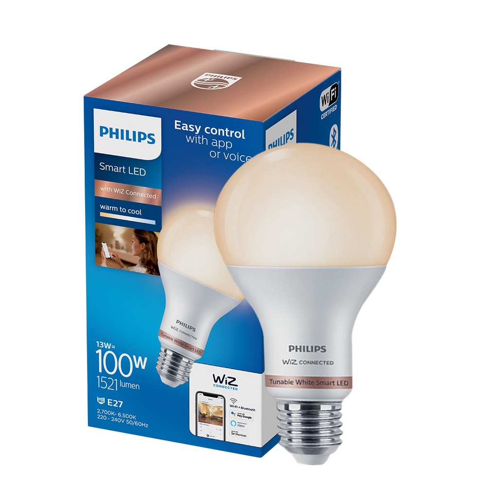 หลอดไฟ LED 13 วัตต์ Cool Day Light/Warm White PHILIPS รุ่น WIZ E27 A67