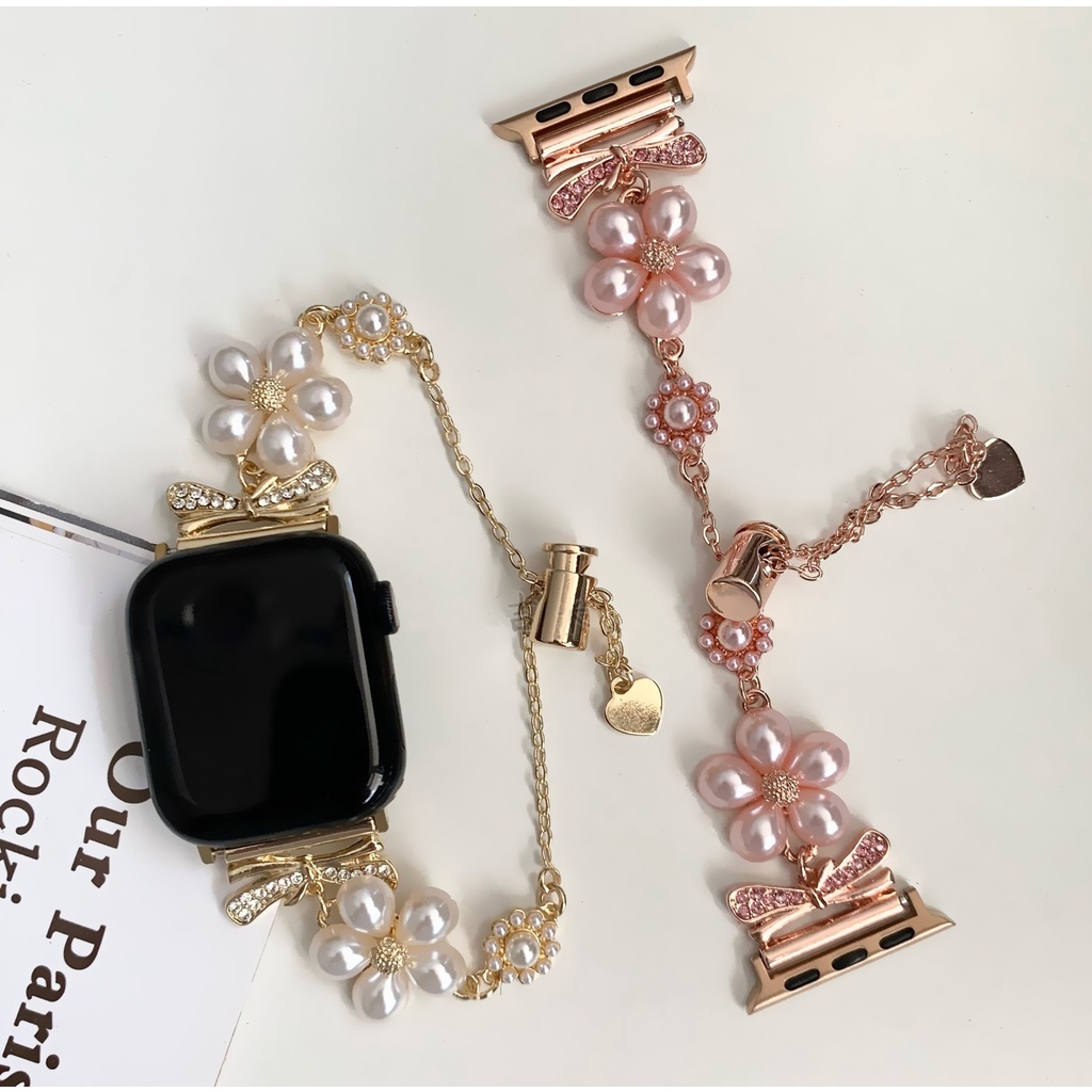 สายนาฬิกาข้อมือ พลาสติก ลายดอกไม้ ประดับมุก แวววาว แบบเปลี่ยน สําหรับ Apple watch Series 8 7 6 5 4 3 2 1 SE SE2 Ultra 41 มม. 45 มม. 38 มม. 40 มม. 42 มม. 44 มม. 49 มม.
